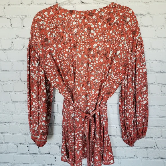 MAX STUDIO Pouffy 3/4 Sleeve Empire Tie Waist Earth Tone Blouse--NWT--L - Picture 7 of 11